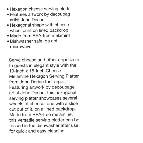 John Derian NWT Hexagon Melamine Cheese Serving Platter BPA-free 15"x10" - Picture 4 of 5